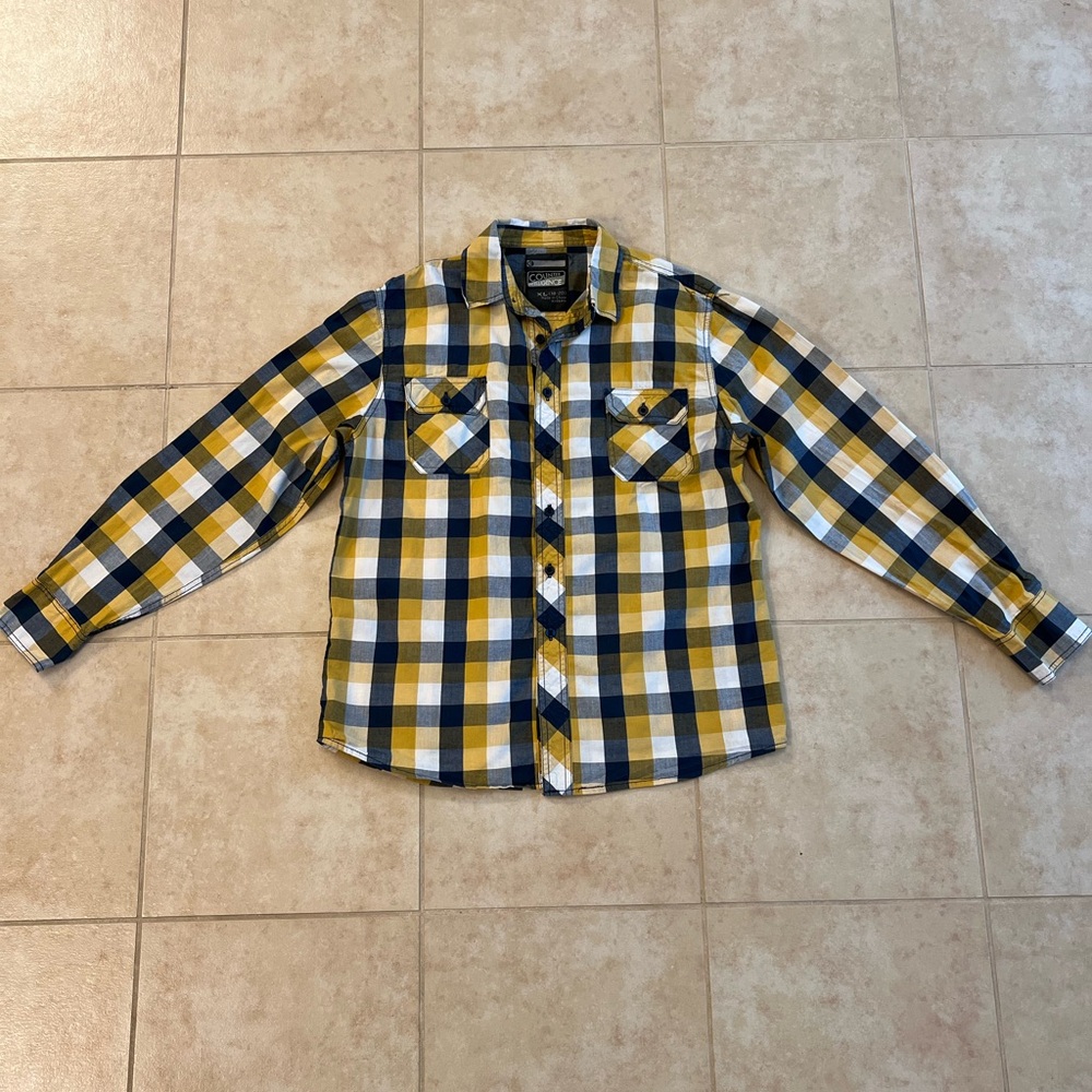 Boys 18/20 (XL) Yellow and Navy Blue Plaid Button Up Shirt